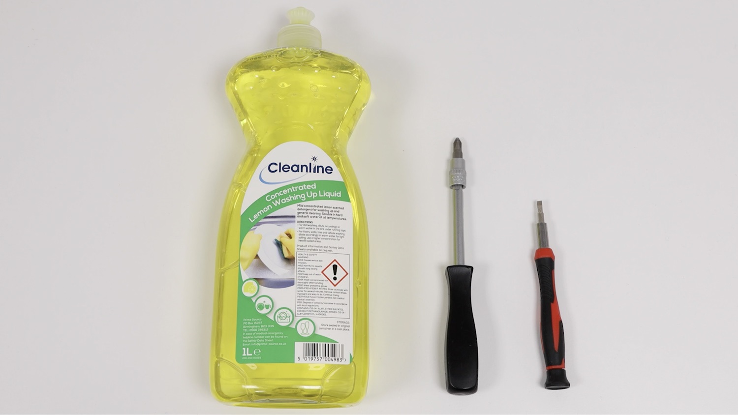 Washing up liquid, Phillips screwdriver and flathead screwdriver